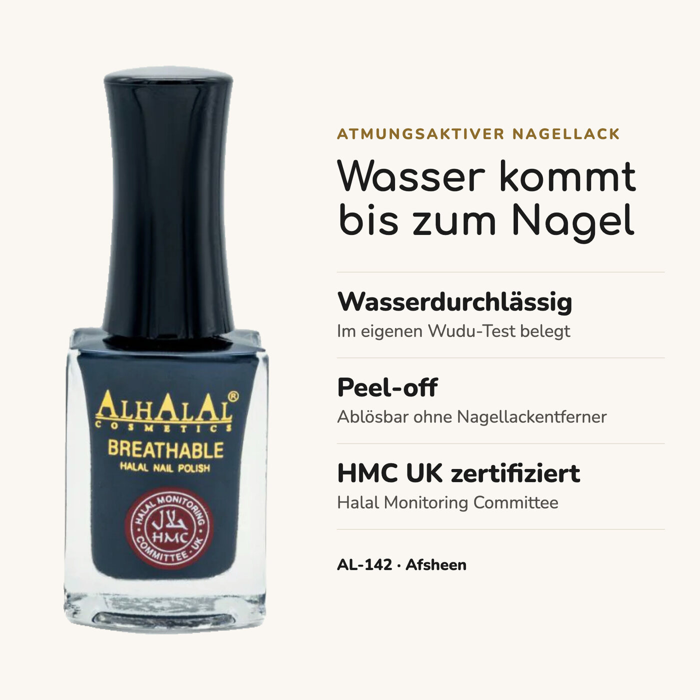 AL-142 AFSHEEN Halal Atmungsaktiver Nagellack Schwarz, Vorteile auf einen Blick
