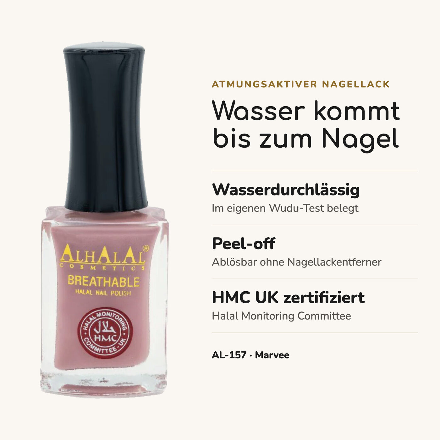 AL-157 Marvee Halal Atmungsaktiver Nagellack Nude, Vorteile auf einen Blick