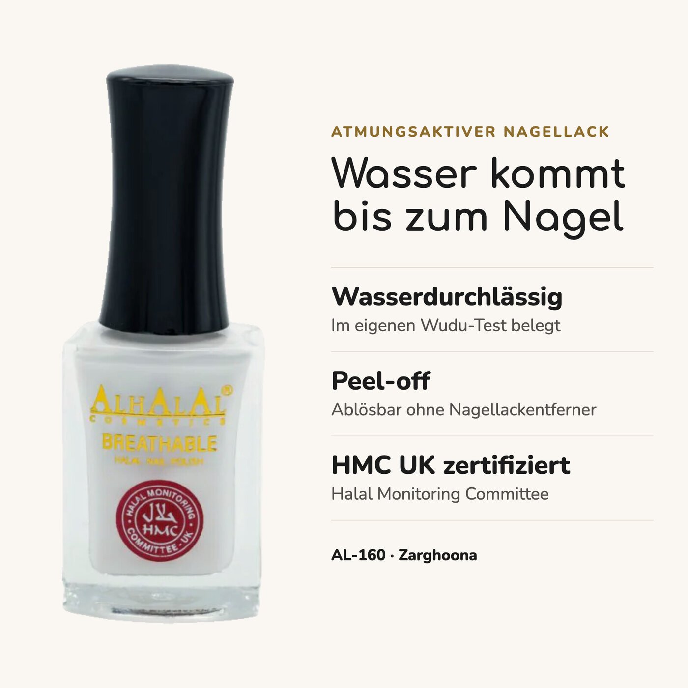 AL-160 ZARGHOONA Halal Atmungsaktiver Nagellack Weiß alkoholfrei und vegan, Vorteile auf einen Blick