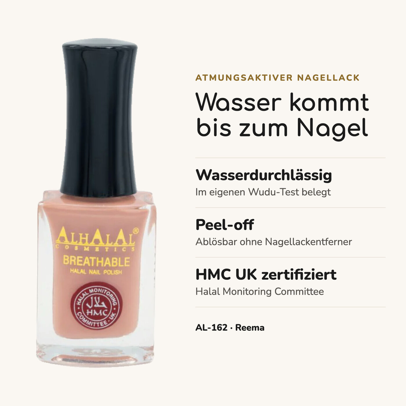 AL-162 REEMA Halal Atmungsaktiver Nagellack Beige, Vorteile auf einen Blick