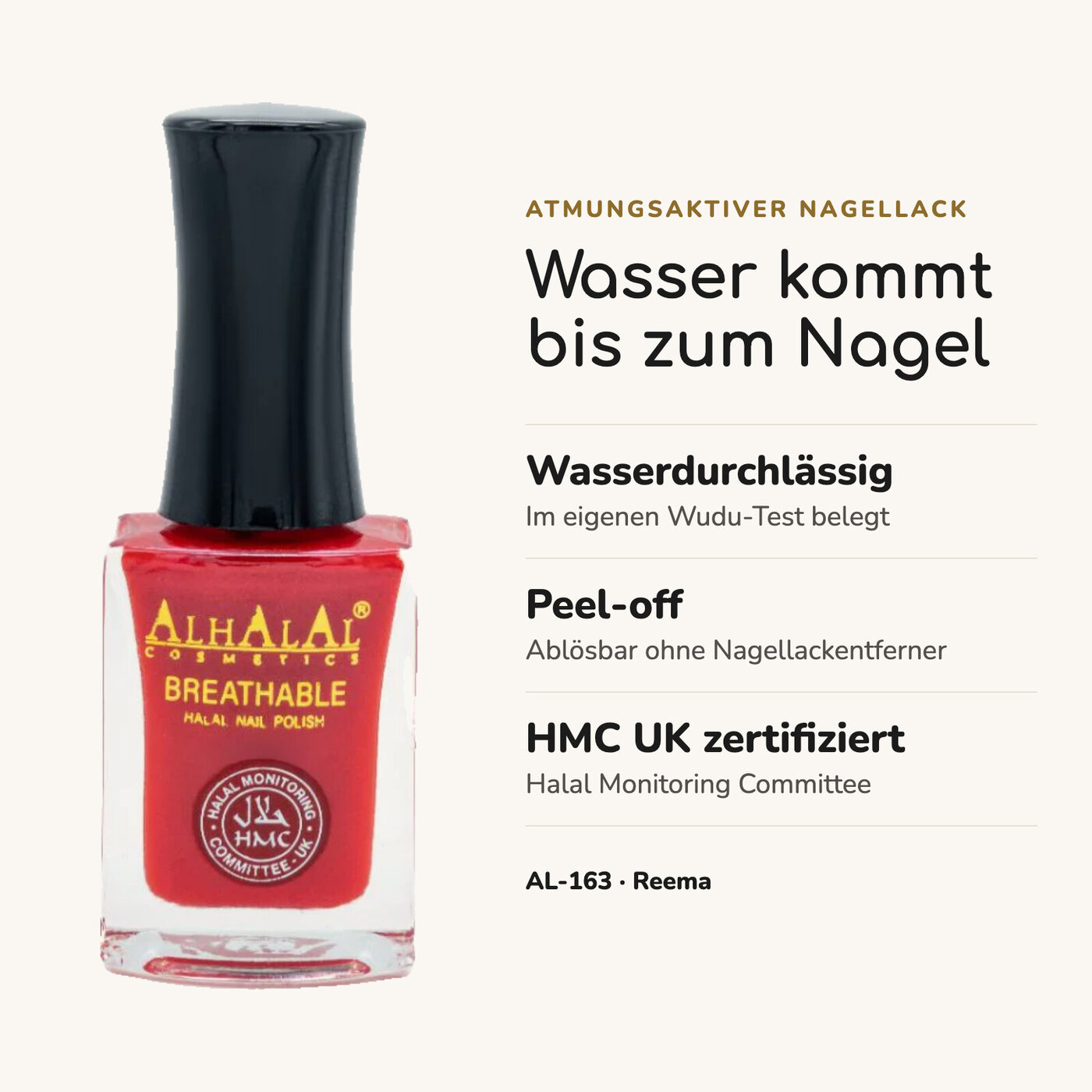 AL-163 REEMA Halal Atmungsaktiver Nagellack Rot, Vorteile auf einen Blick