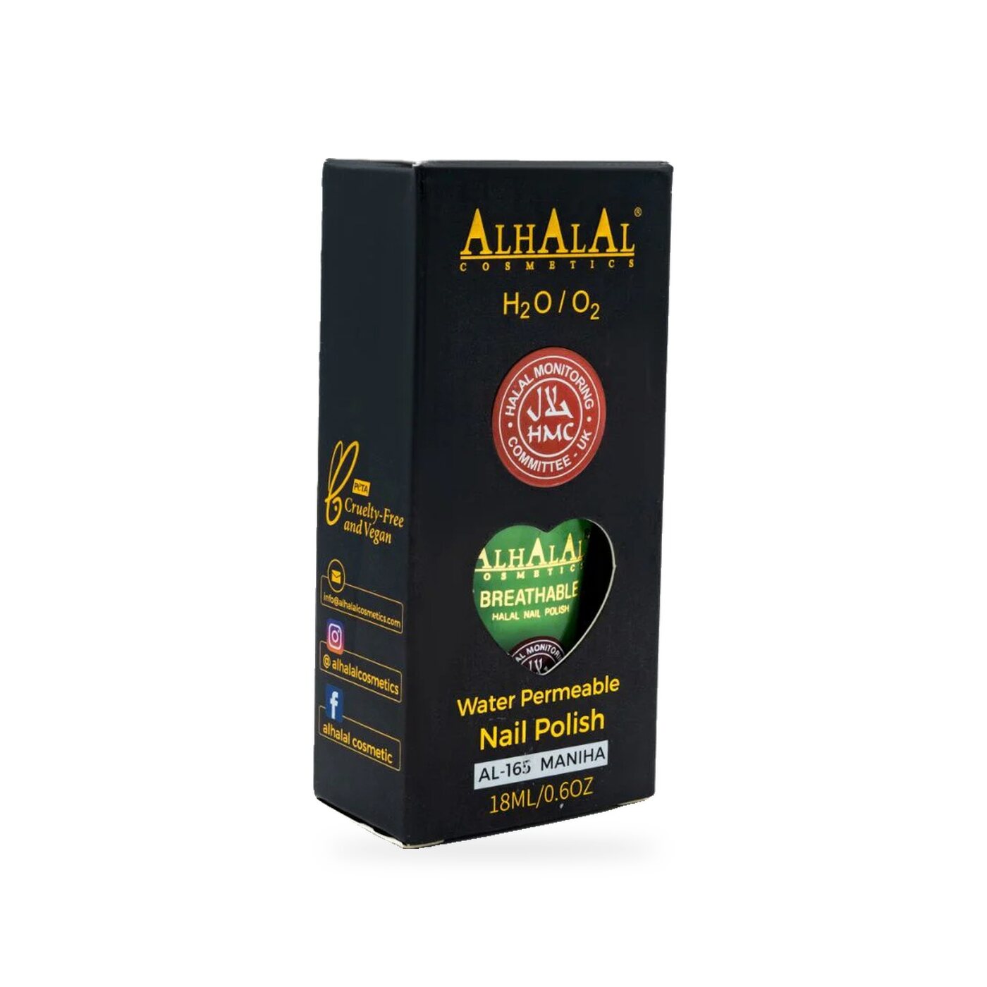 AL-165 MANIHA Halal Atmungsaktiver Nagellack Grün, Produktfoto Box