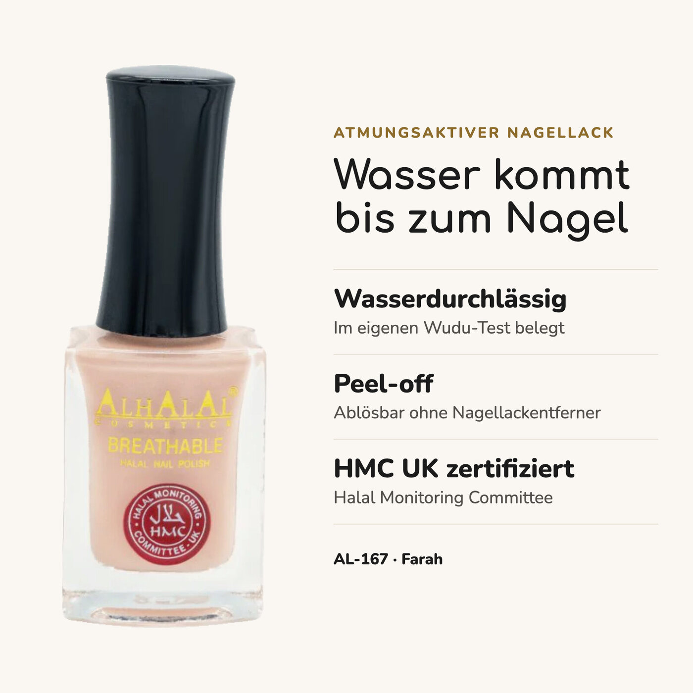 AL-167 FARAH Halal Atmungsaktiver Nagellack Nude, Vorteile auf einen Blick