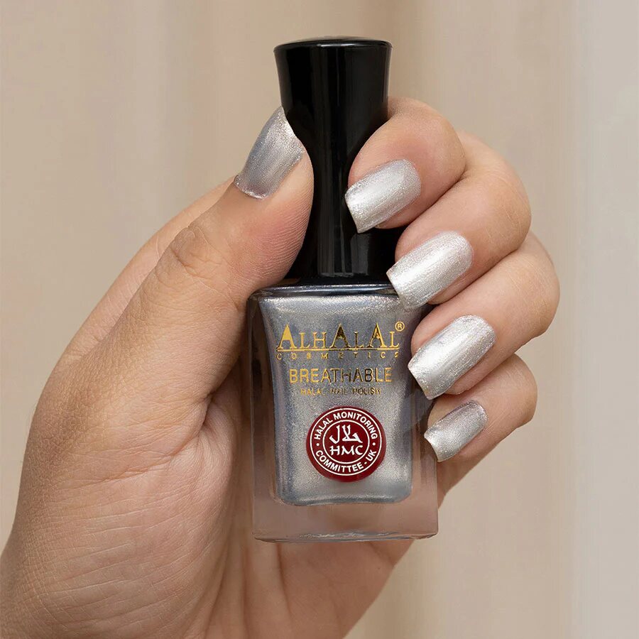 AL-169 YUMNA Halal Atmungsaktiver Nagellack Silber alkoholfrei und vegan, Anwendung