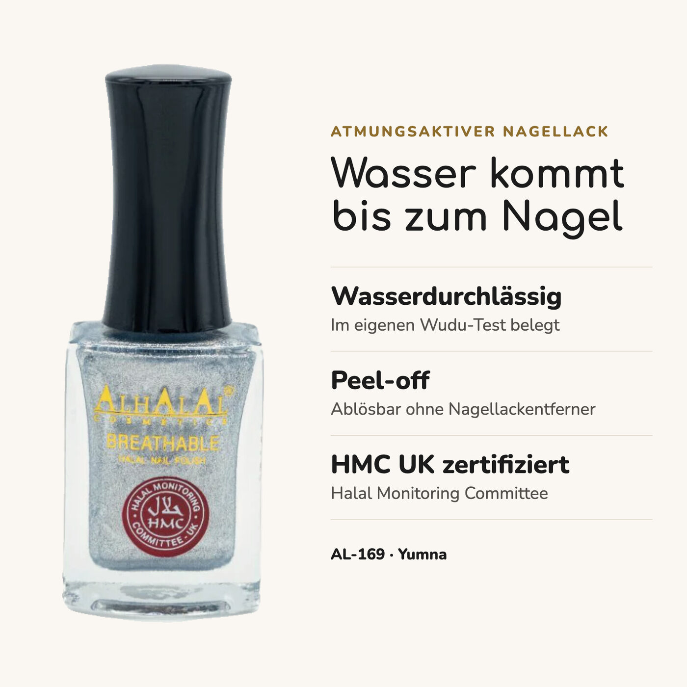 AL-169 YUMNA Halal Atmungsaktiver Nagellack Silber alkoholfrei und vegan, Vorteile auf einen Blick