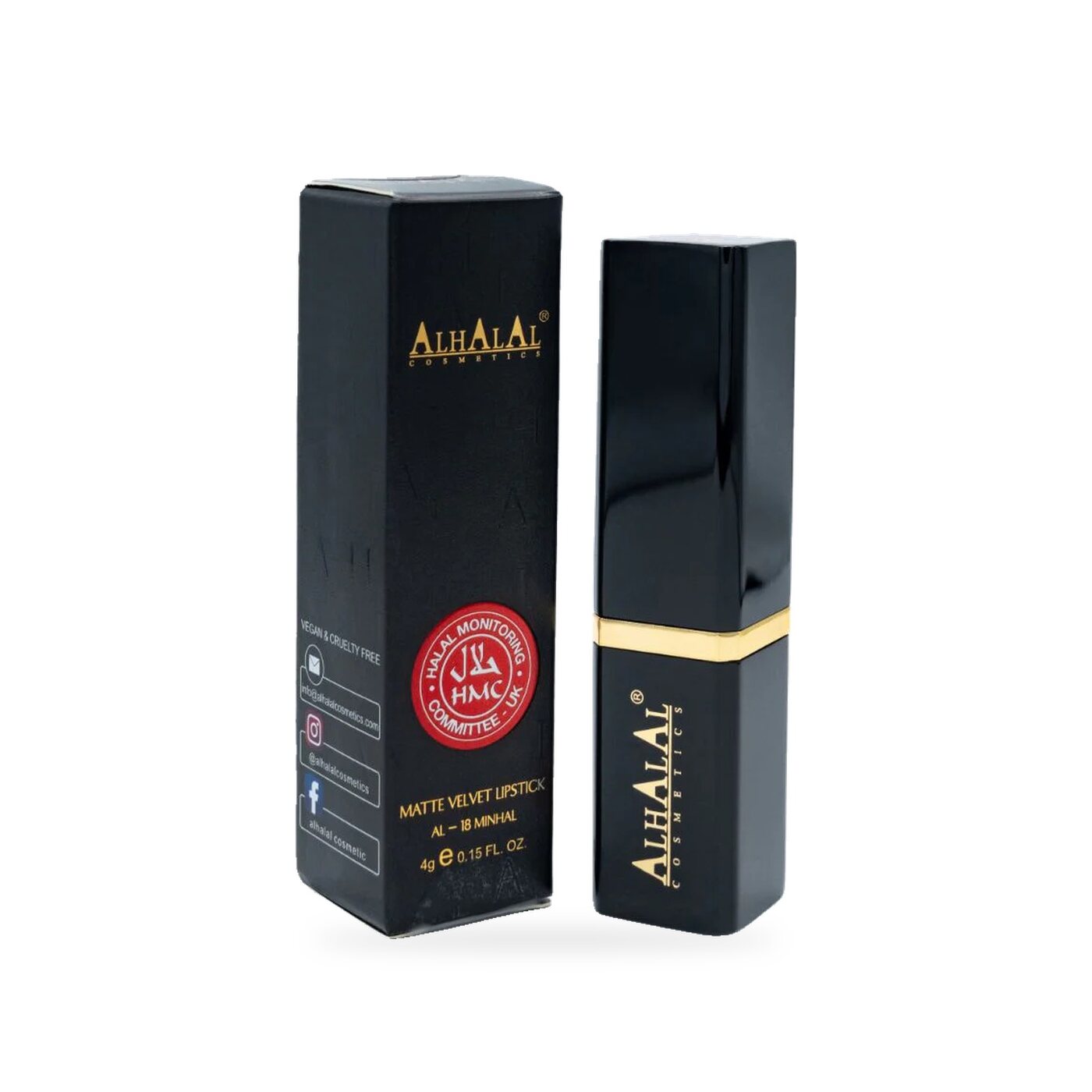 AL-18 MINHAL Halal Lippenstift Rusty Red, Produktfoto Box