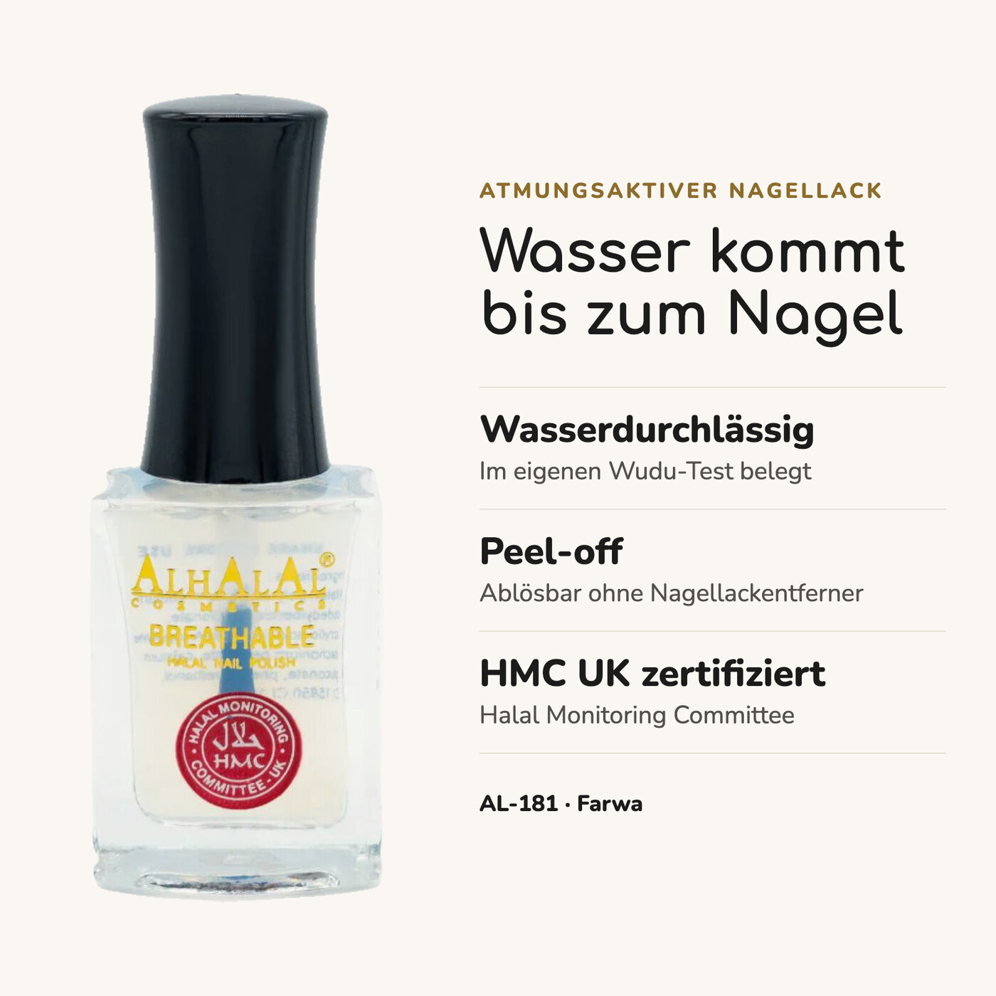 AL-181 FARWA Halal Atmungsaktiver Nagellack Klarlack, Vorteile auf einen Blick