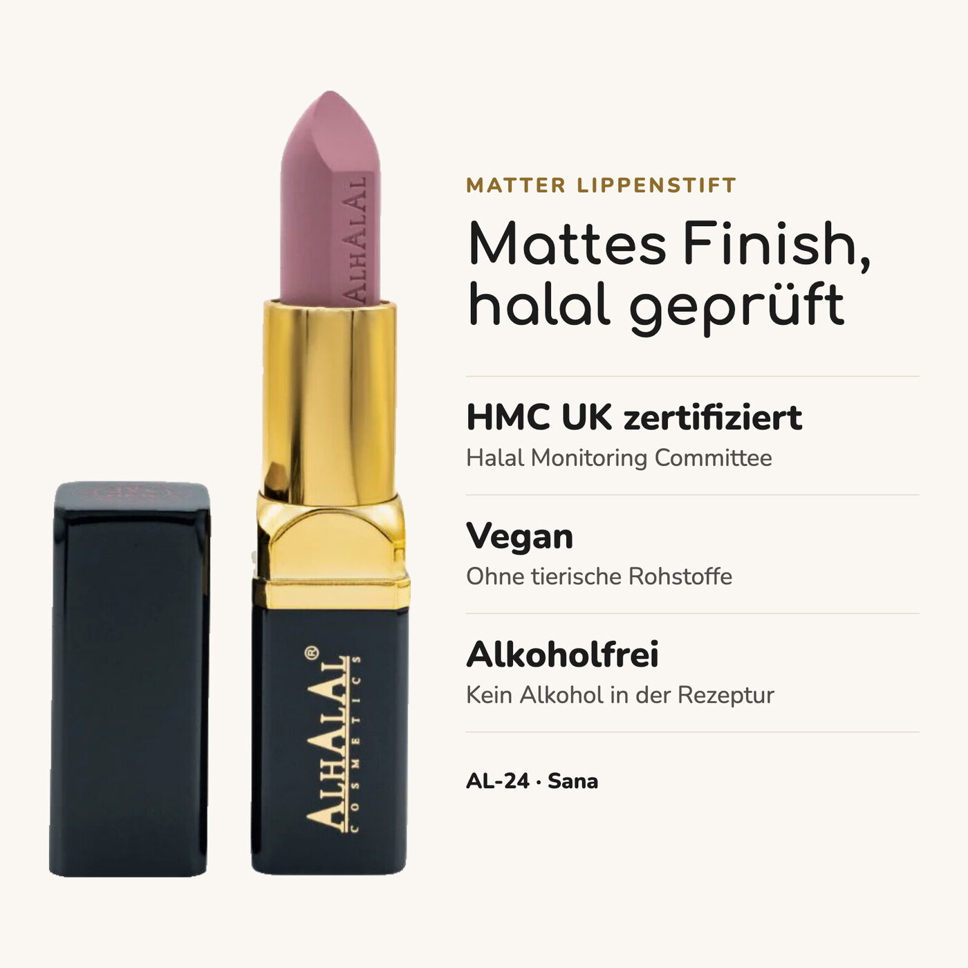 AL-24 SANA Halal Lippenstift ROSA, Vorteile auf einen Blick
