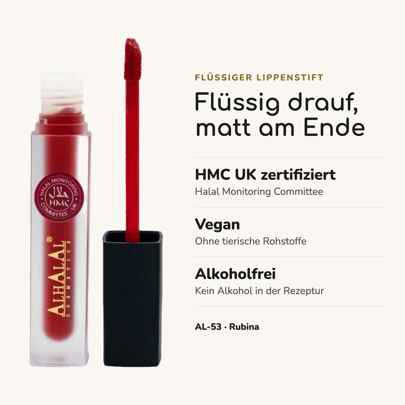 AL-53 RUBINA Halal Lippenstift Feuerrot, Vorteile auf einen Blick