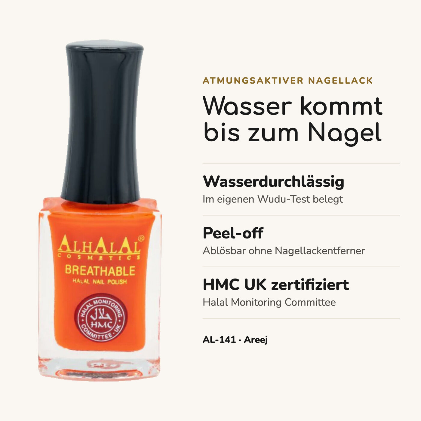 AL-141 AREEJ Halal Atmungsaktiver Nagellack Orange alkoholfrei und vegan, Vorteile auf einen Blick
