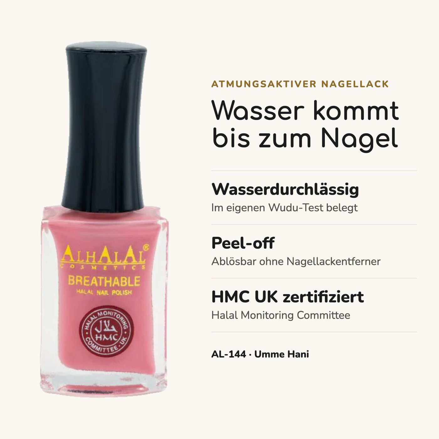 AL-144 UMME HANI Halal Atmungsaktiver Nagellack Nude-Rosa, Vorteile auf einen Blick