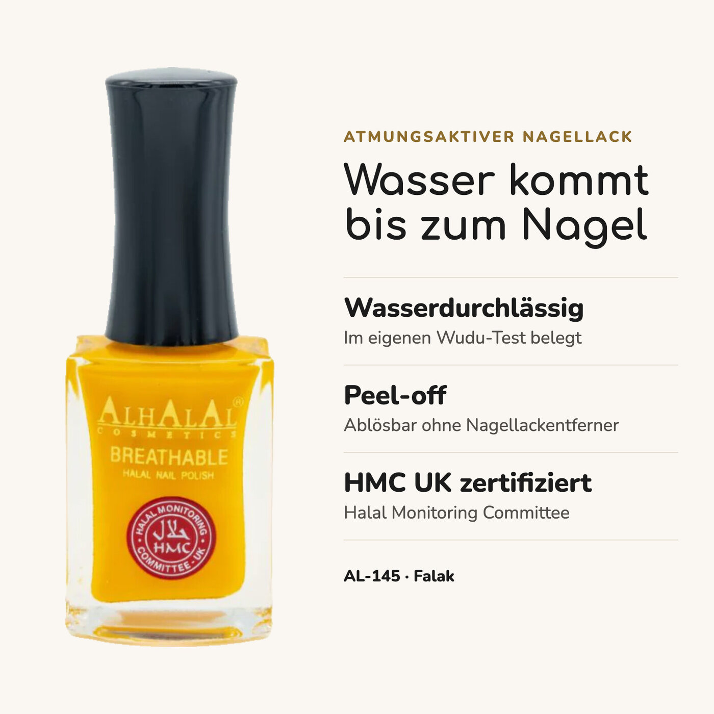 AL-145 FALAK Halal Atmungsaktiver Nagellack Gelb alkoholfrei und vegan, Vorteile auf einen Blick