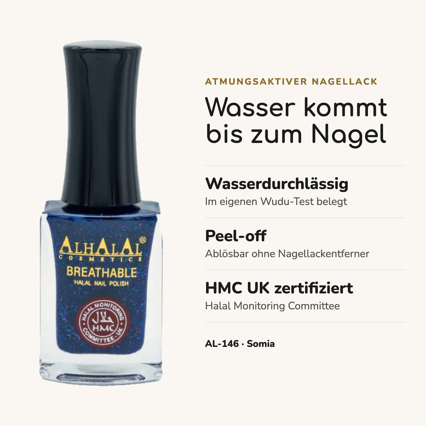 AL-146 SOMIA Halal Atmungsaktiver Nagellack Dunkelblau, Vorteile auf einen Blick