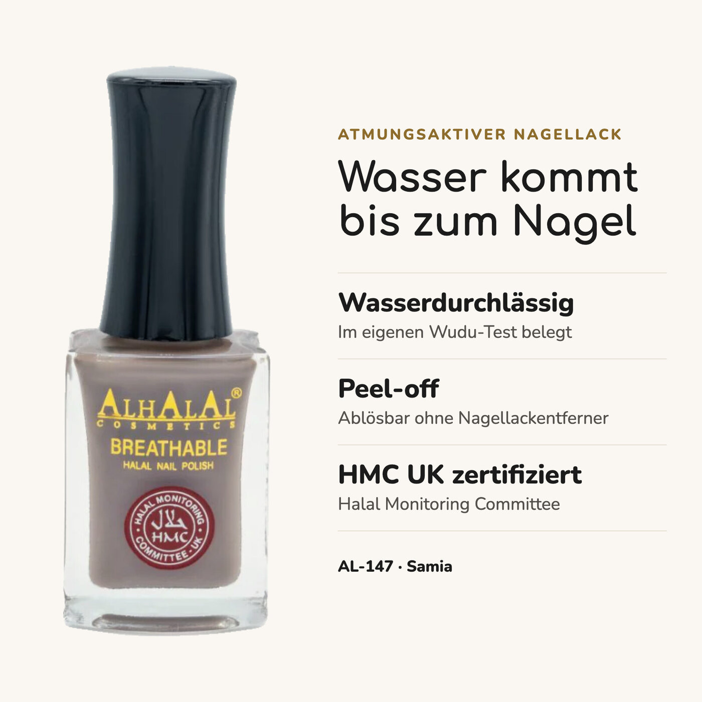 AL-147 SAMIA Halal Atmungsaktiver Nagellack Grau, Vorteile auf einen Blick