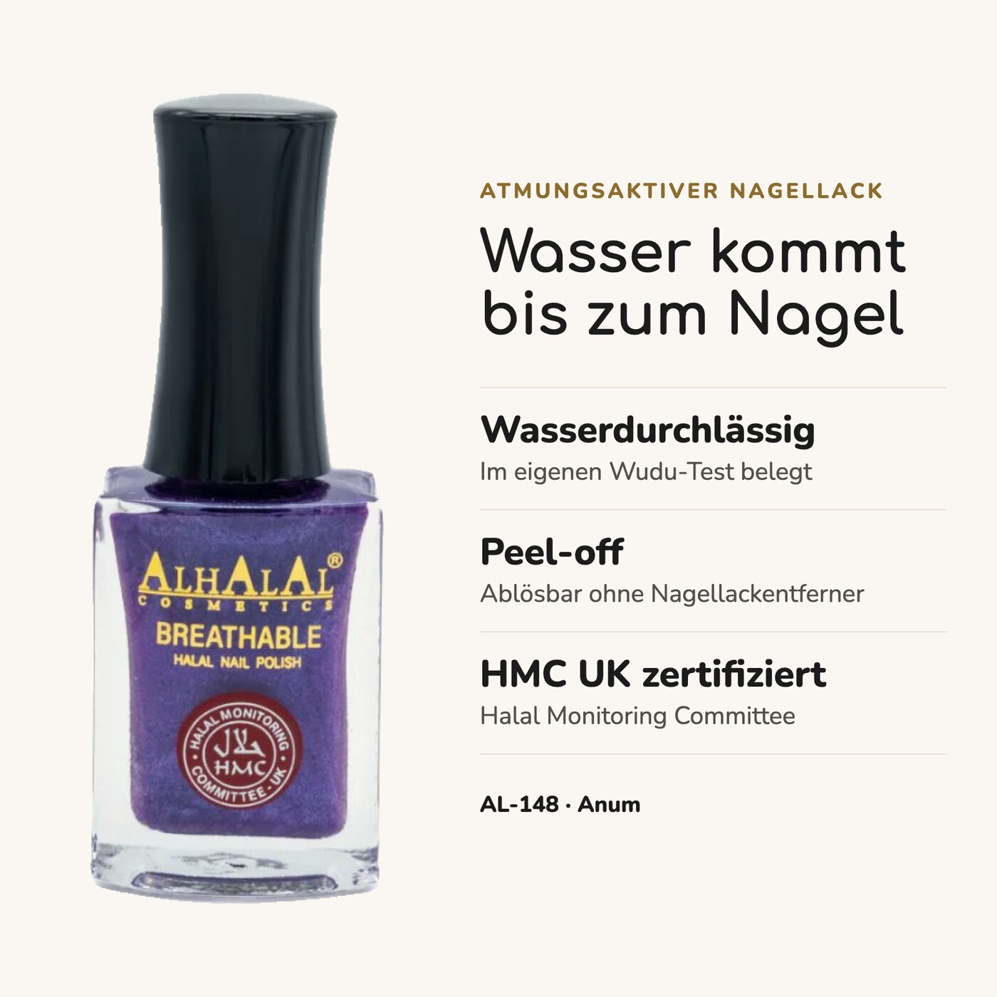 AL-148 ANUM Halal Atmungsaktiver Nagellack Lila alkoholfrei und vegan, Vorteile auf einen Blick