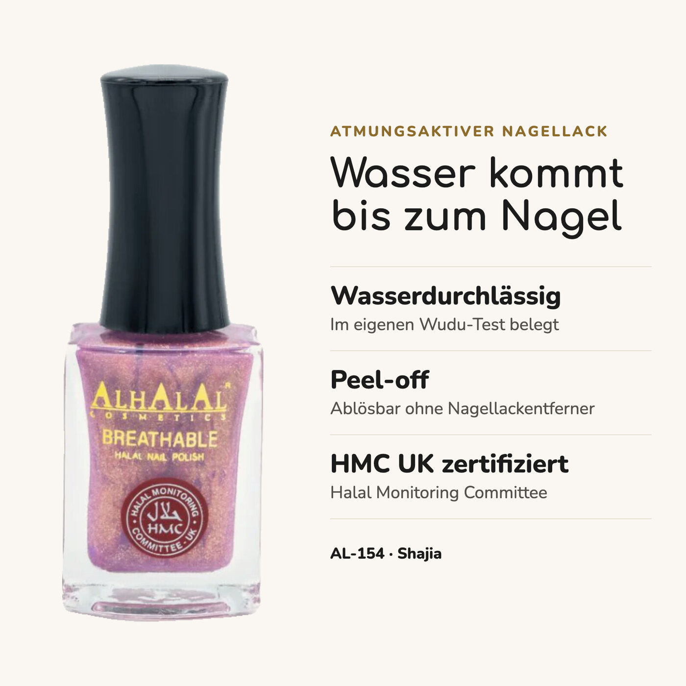AL-154 SHAJIA Halal Atmungsaktiver Nagellack Glitzer alkoholfrei und vegan, Vorteile auf einen Blick