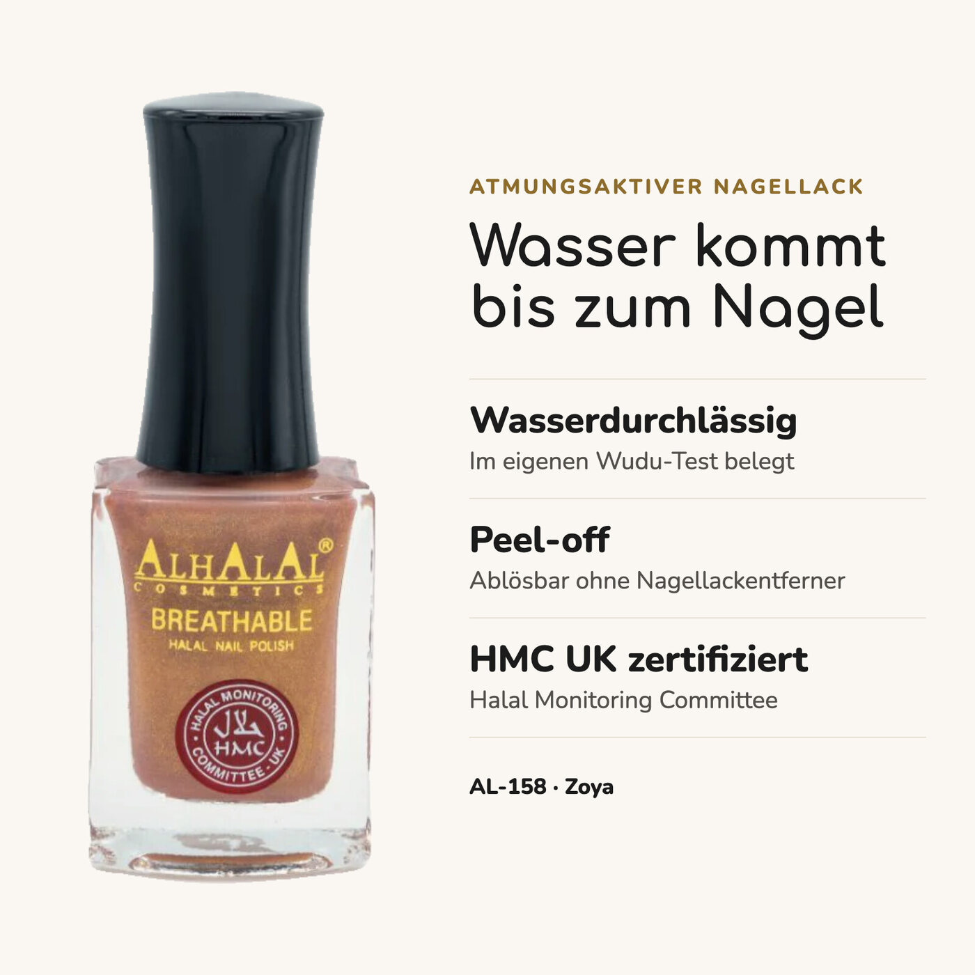 AL-158 Zoya Halal Atmungsaktiver Nagellack Gold, Vorteile auf einen Blick