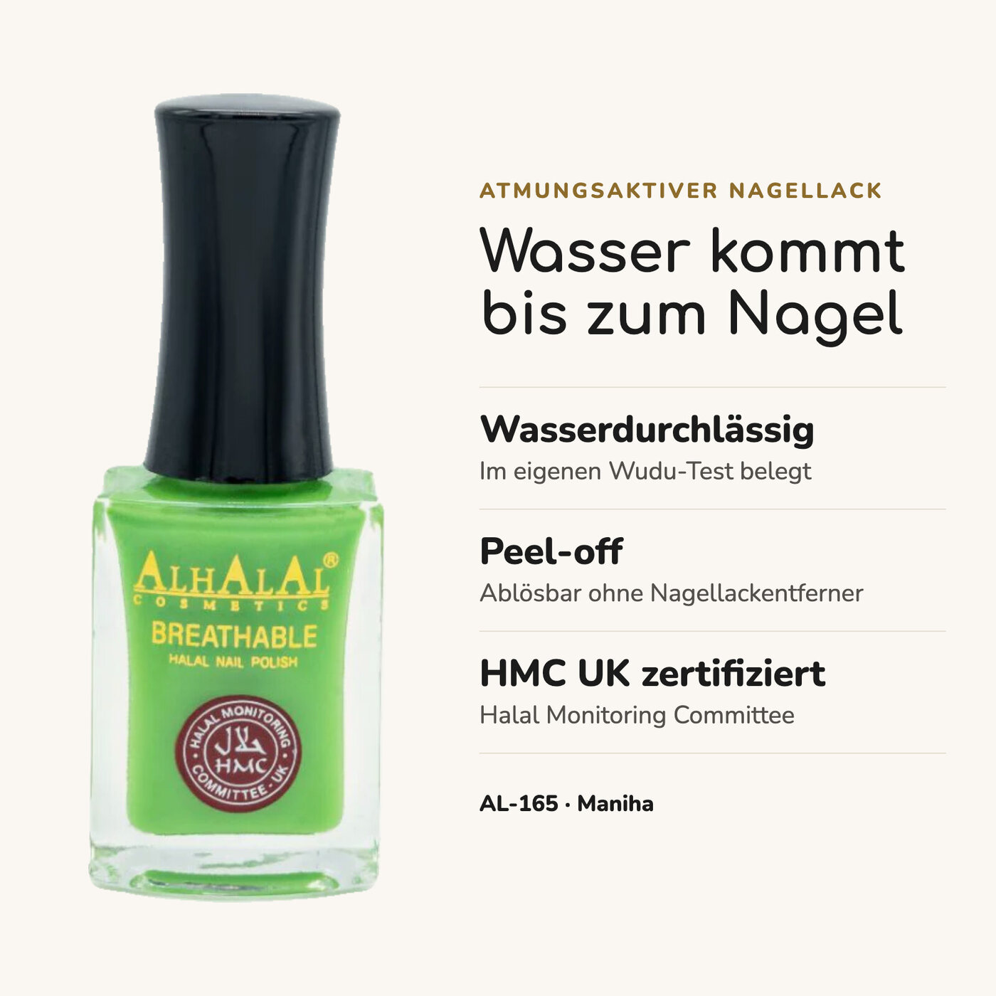 AL-165 MANIHA Halal Atmungsaktiver Nagellack Grün, Vorteile auf einen Blick