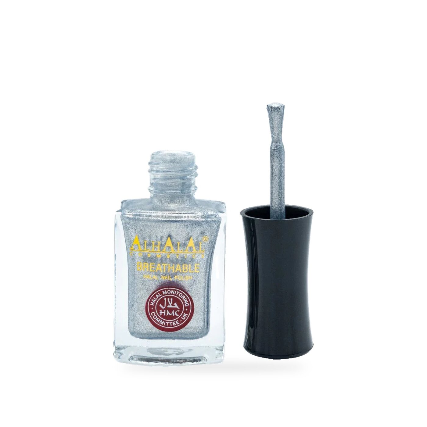 AL-169 YUMNA Halal Atmungsaktiver Nagellack Silber alkoholfrei und vegan, Produktfoto offen