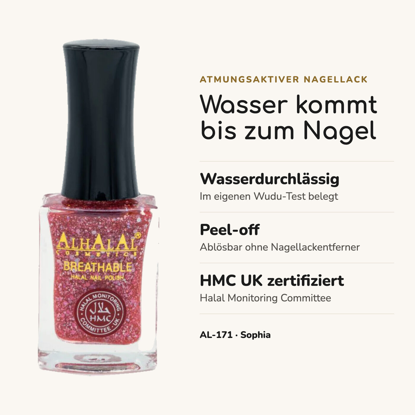 AL-171 SOPHIA Halal Atmungsaktiver Nagellack Glitzer alkoholfrei & vegan, Vorteile auf einen Blick