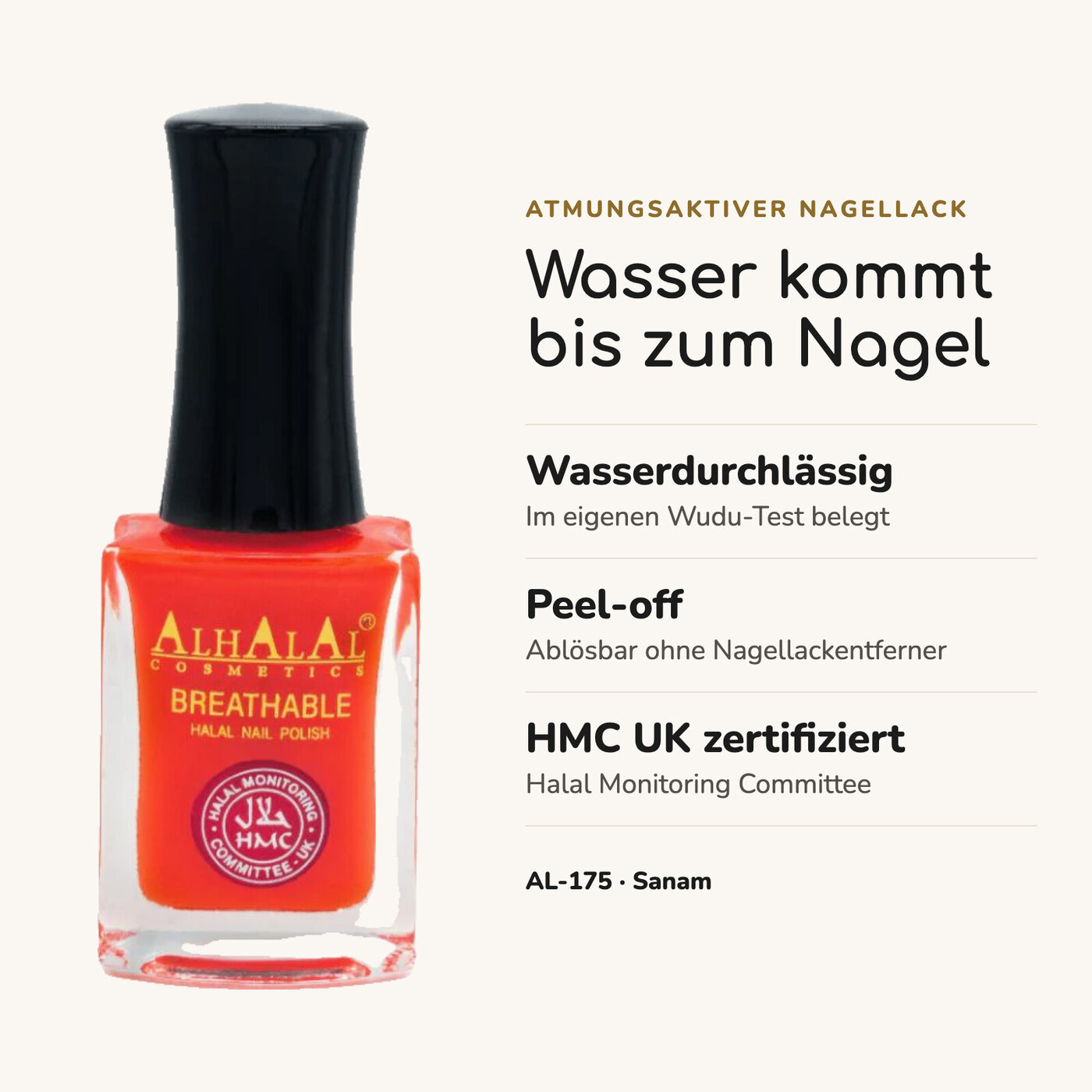 AL-175 SANAM Halal Atmungsaktiver Nagellack Orange, Vorteile auf einen Blick