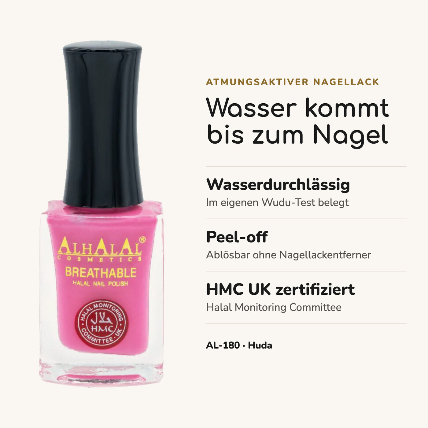 AL-180 HUDA Halal Atmungsaktiver Nagellack Pink alkoholfrei und vegan, Vorteile auf einen Blick