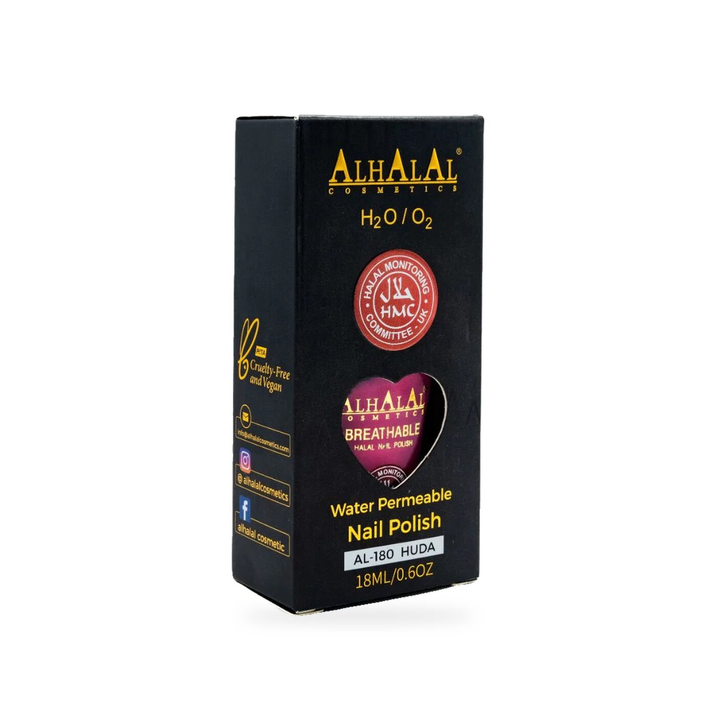 AL-180 HUDA Halal Atmungsaktiver Nagellack Pink alkoholfrei und vegan, Produktfoto Box