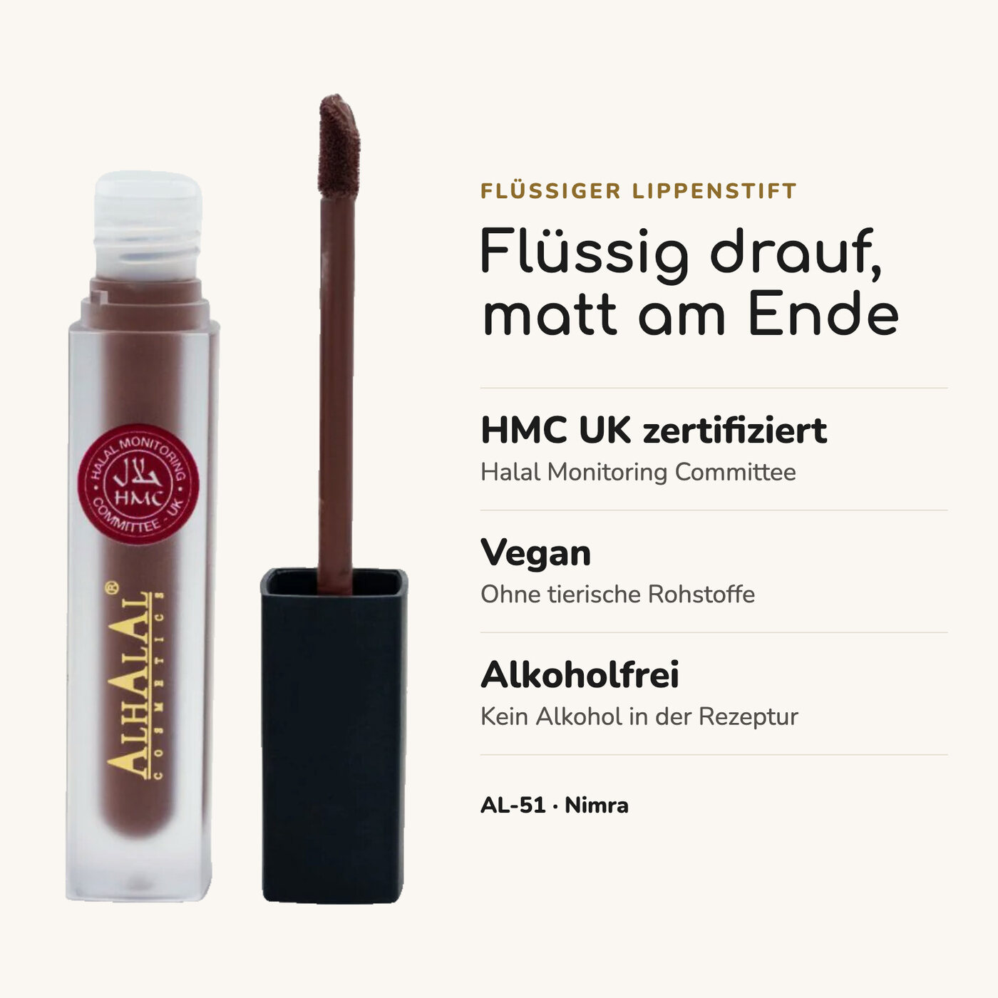 AL-51 NIMRA Halal Lippenstift Beige, Vorteile auf einen Blick