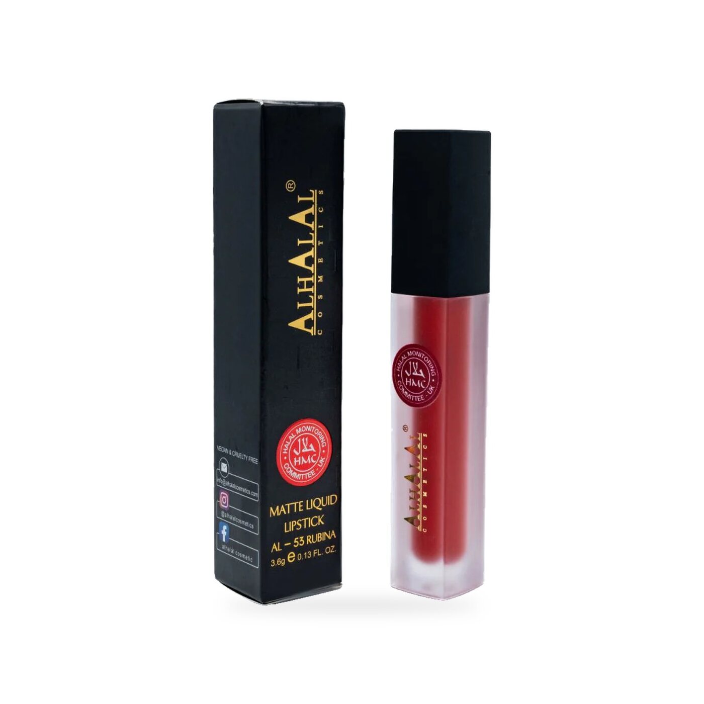 AL-53 RUBINA Halal Lippenstift Feuerrot, Produktfoto mit Box