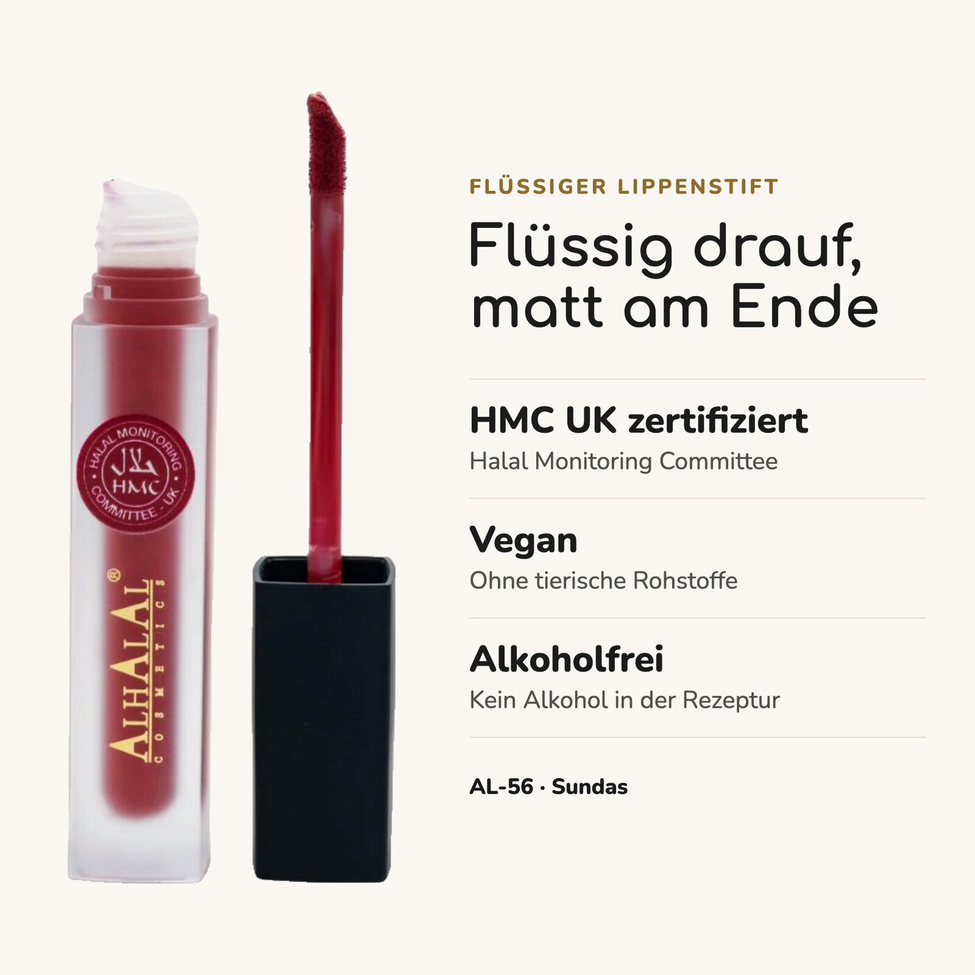 AL-56 SUNDAS Halal Lippenstift Brick Red flüssig, matt, vegan, alkoholfrei & HMC-zertifiziert, Vorteile auf einen Blick
