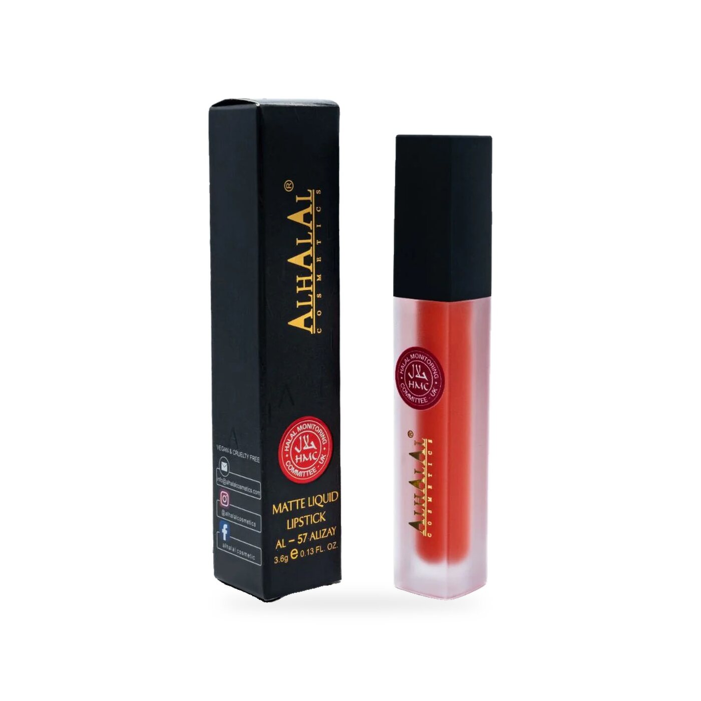 AL-57 ALIZAY Halal Lippenstift Korallenrot, Produktfoto mit Box