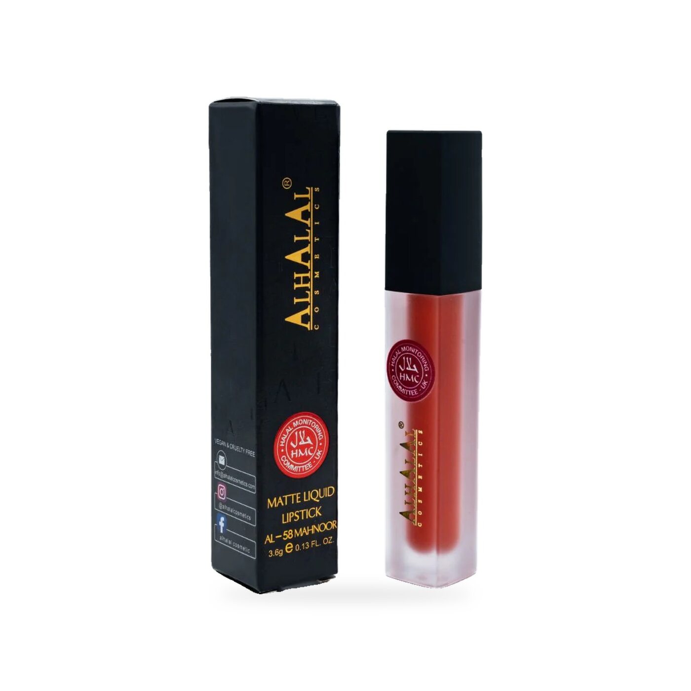 AL-58 MAHNOOR Lippenstift Dunkelrot, Produktfoto mit Box