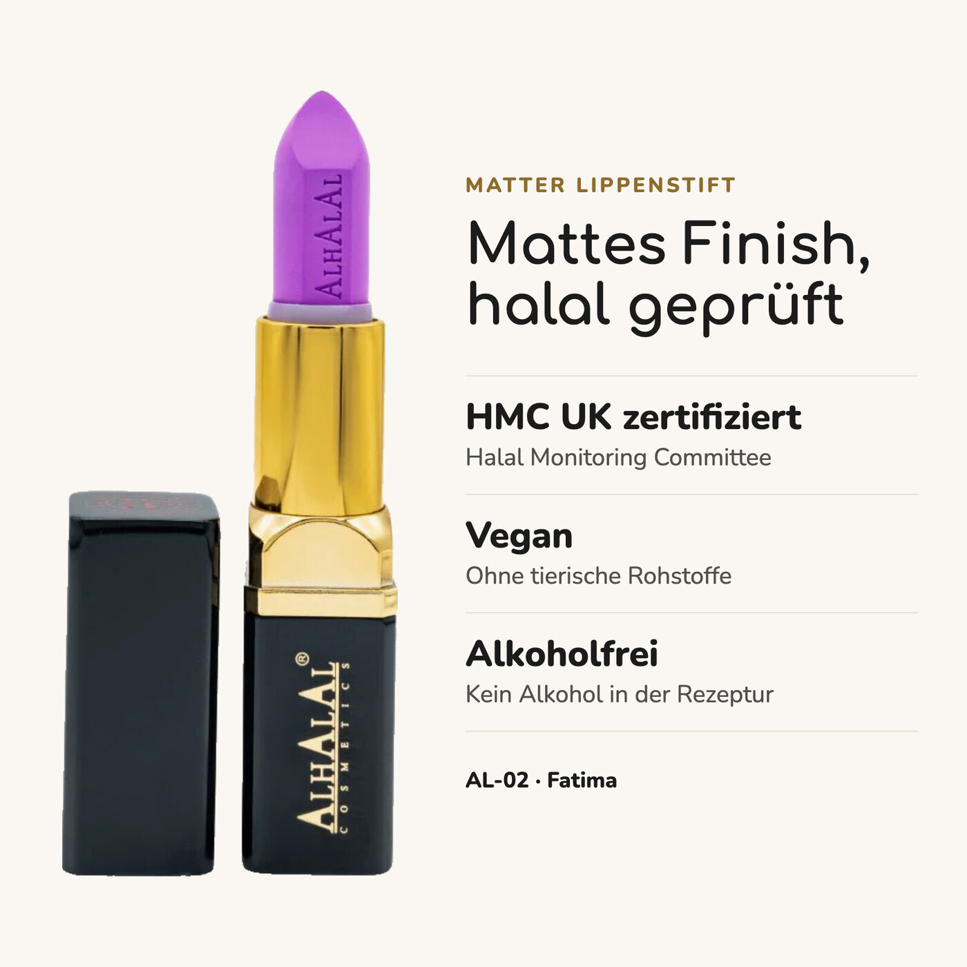 AL-02 FATIMA Halal Lippenstift Mauve, Vorteile auf einen Blick