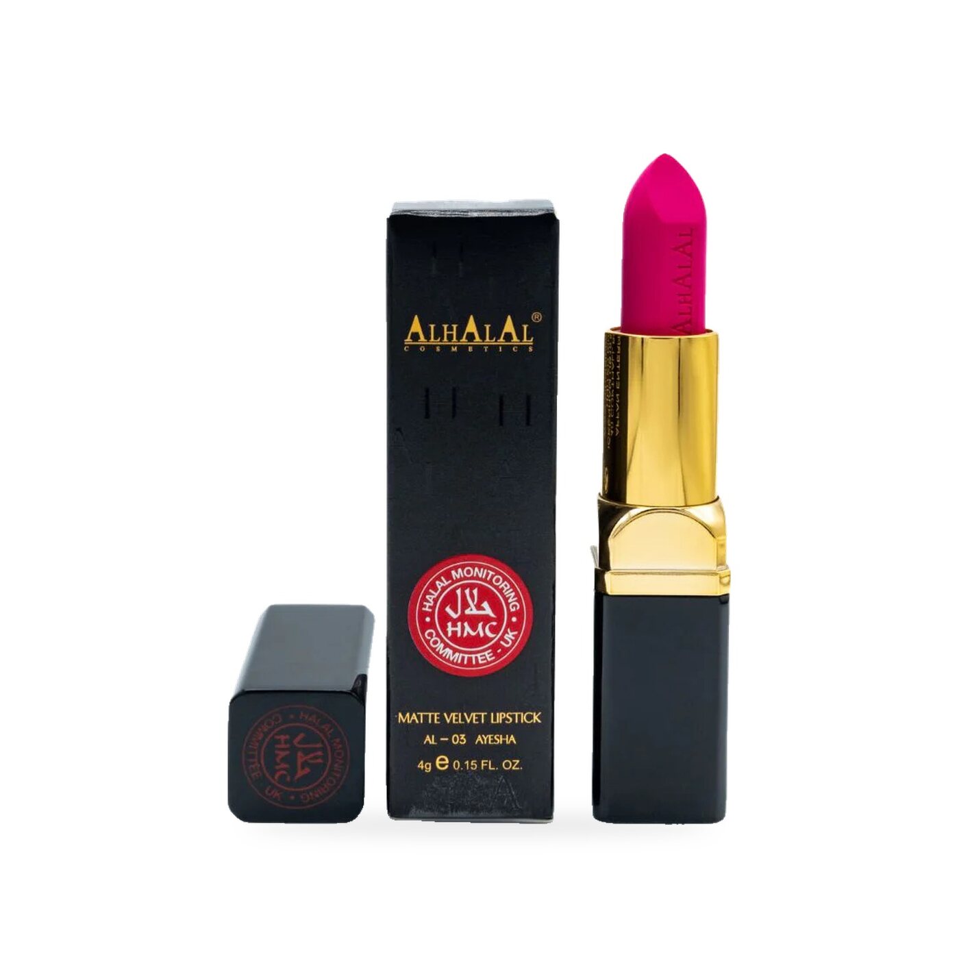 AL-03 AYESHA Halal Lippenstift Kirschrot, Produktfoto mit Box