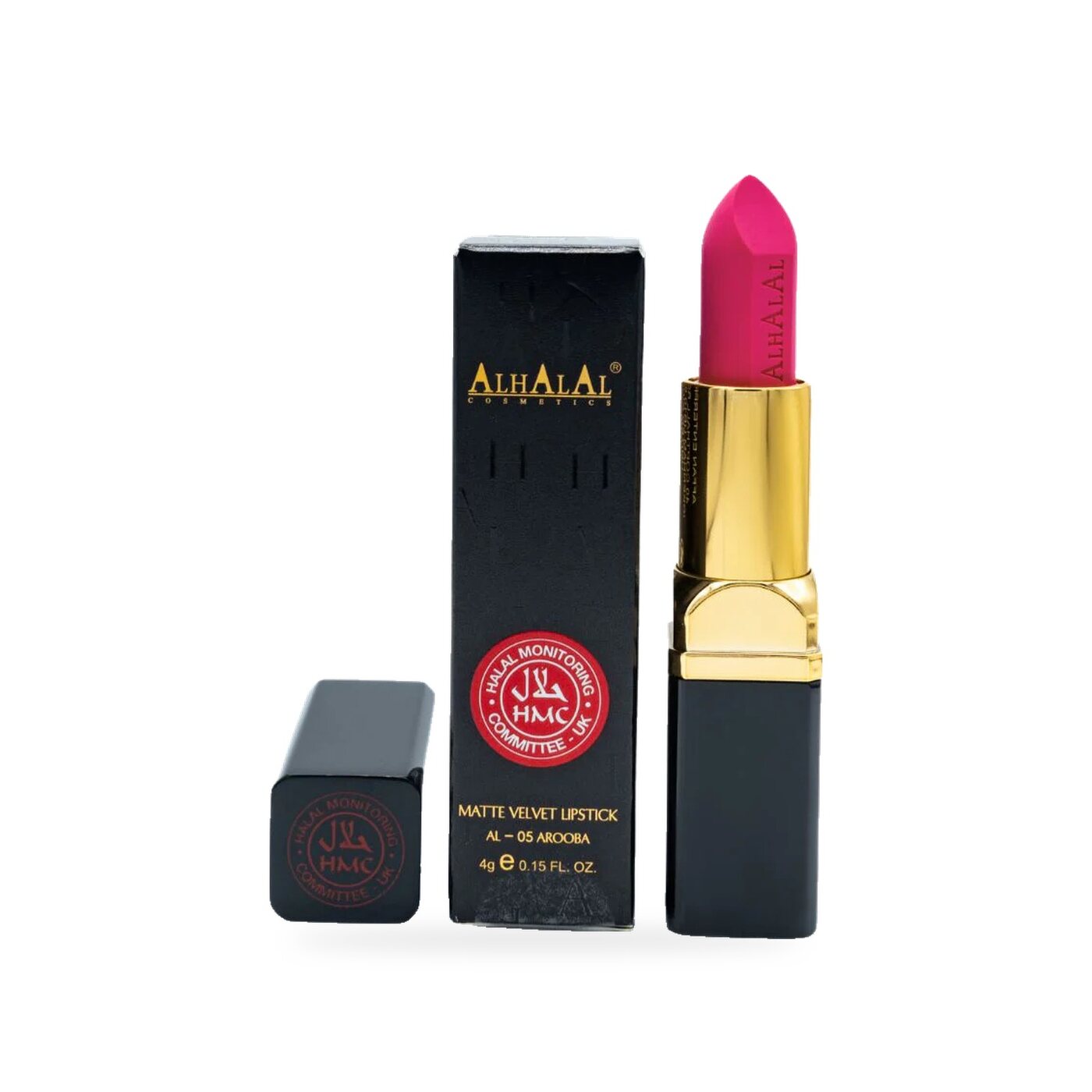 AL-05 AROOBA Halal Lippenstift Neon-Pink, Produktfoto mit Box