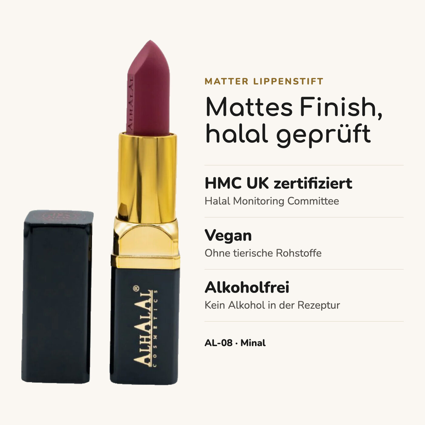 AL-08 MINAL Halal Lippenstift Rosewood, Vorteile auf einen Blick