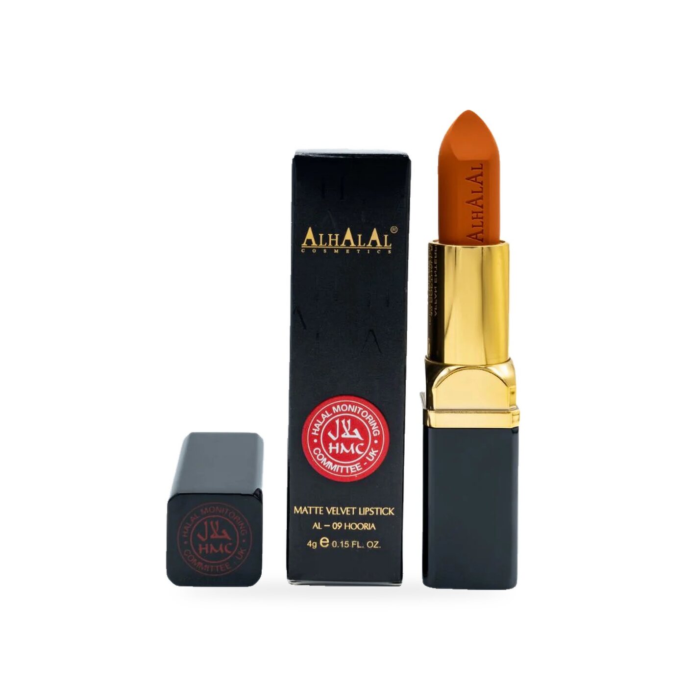 AL-09 HOORIA Halal Lippenstift Sunset Glow, Produktfoto mit Box