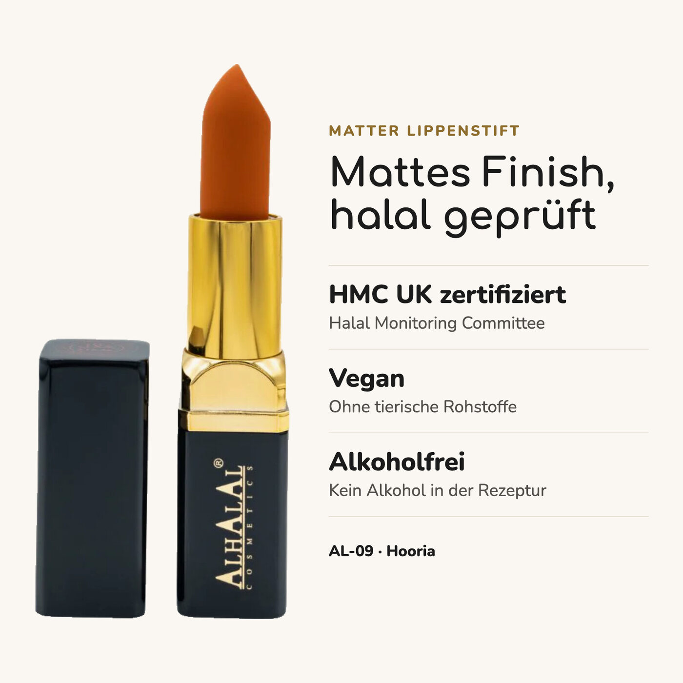 AL-09 HOORIA Halal Lippenstift Sunset Glow, Vorteile auf einen Blick