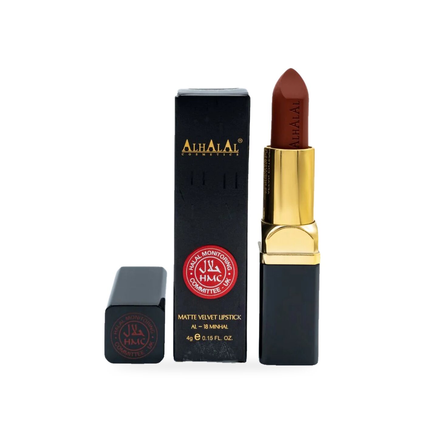 AL-18 MINHAL Halal Lippenstift Rusty Red, Produktfoto mit Box