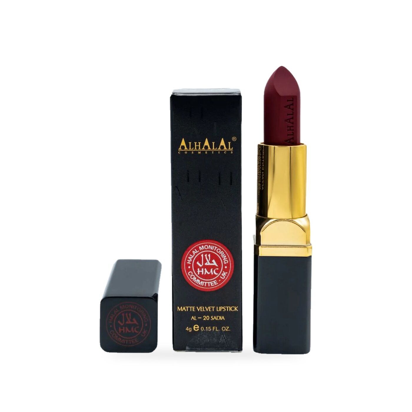 AL-20 SADIA Halal Lippenstift Maroon, Produktfoto mit Box