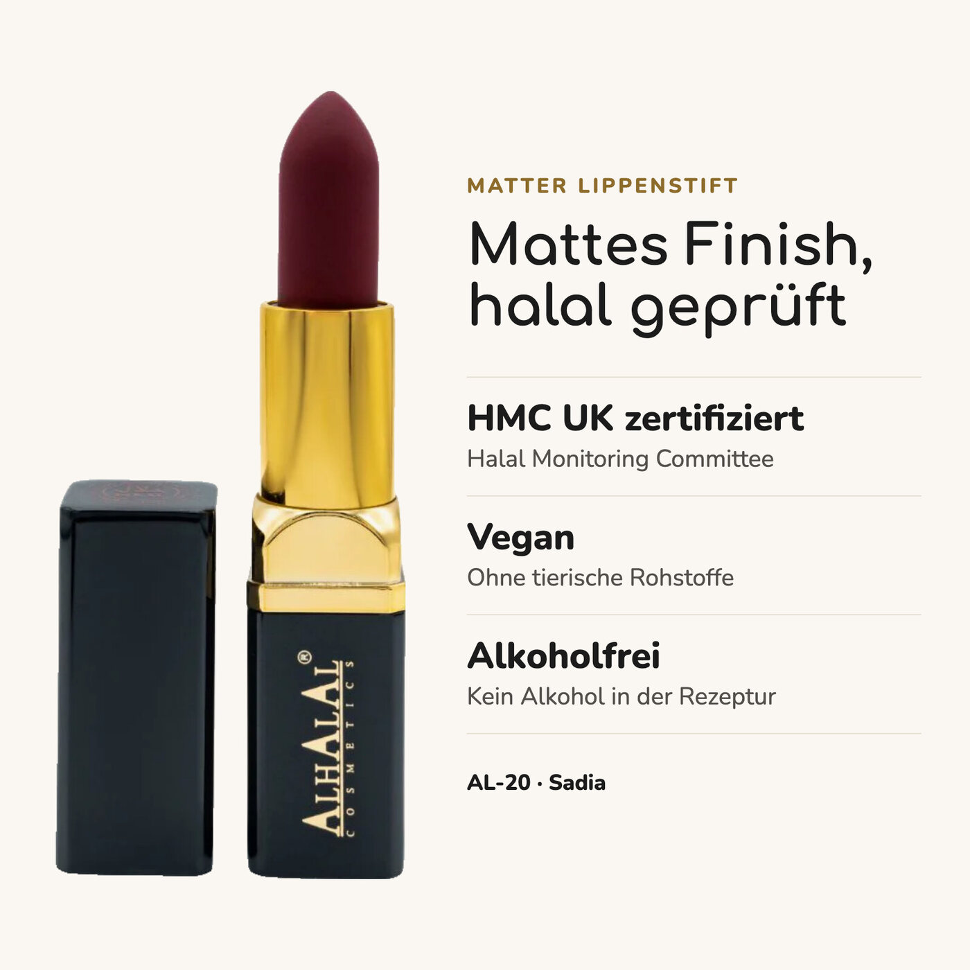 AL-20 SADIA Halal Lippenstift Maroon, Vorteile auf einen Blick