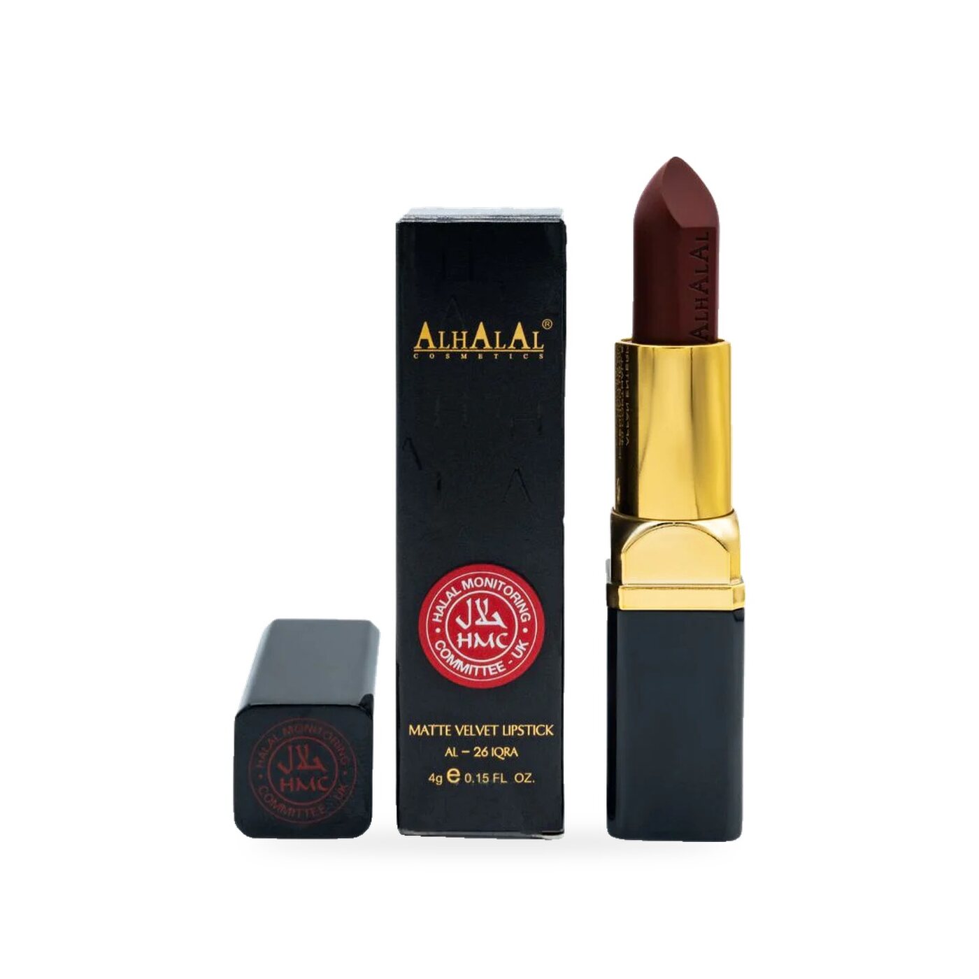 AL-26 IQRA Halal Lippenstift Braun, Produktfoto mit Box