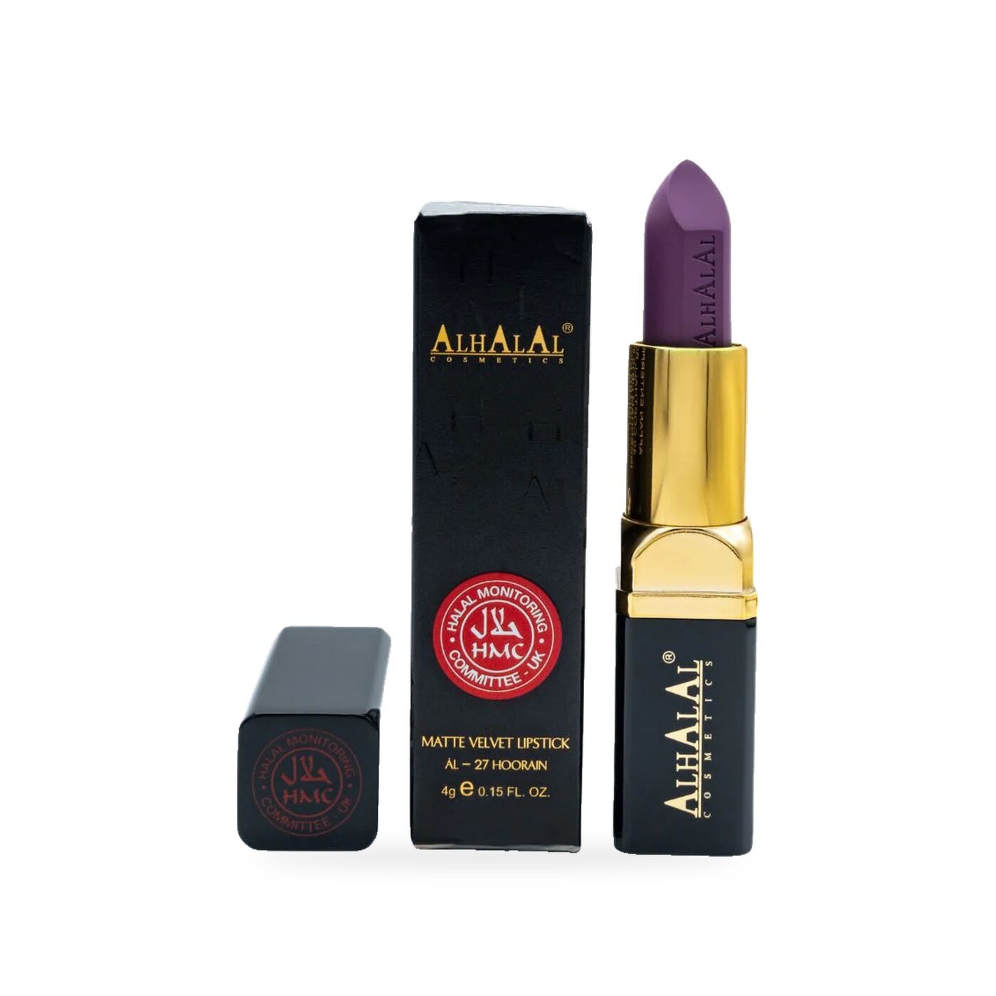 AL-27 Halal Matte Lippenstift – Deep Berry Violet, Produktfoto mit Box