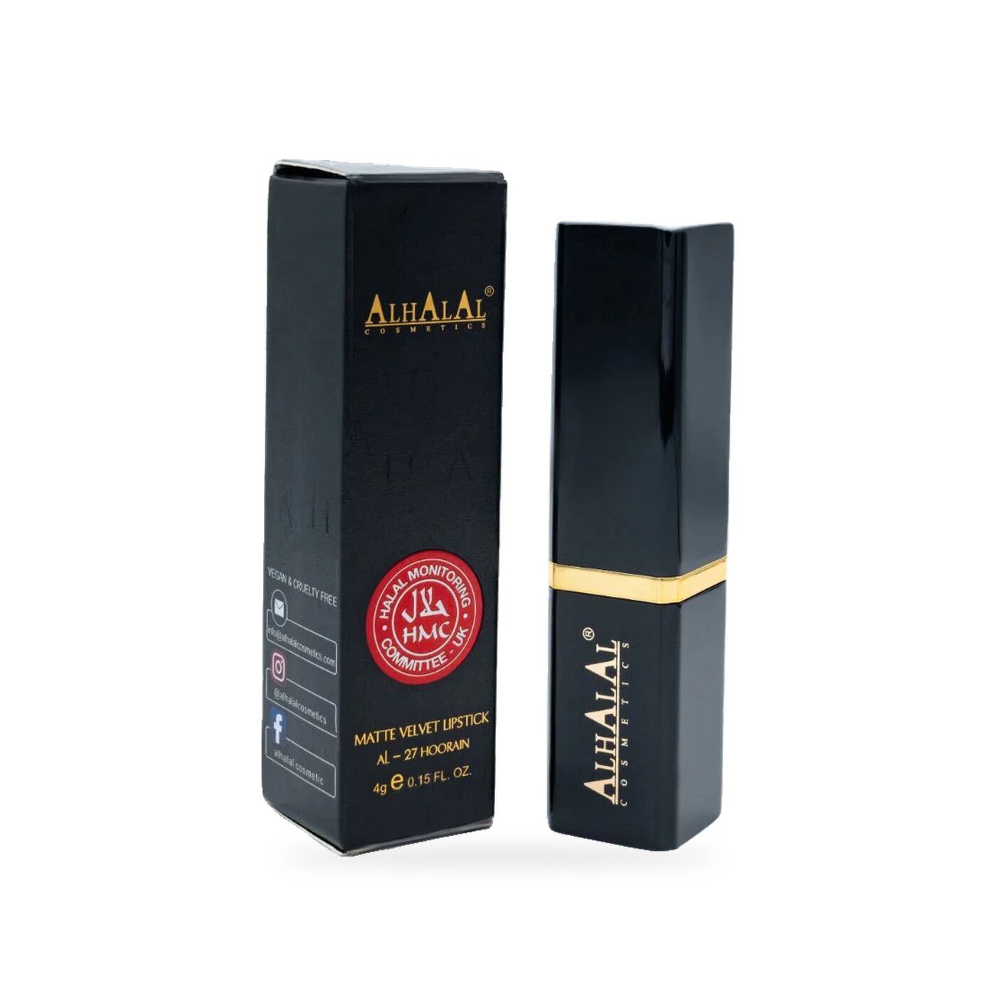 AL-27 Halal Matte Lippenstift – Deep Berry Violet, Produktfoto Box