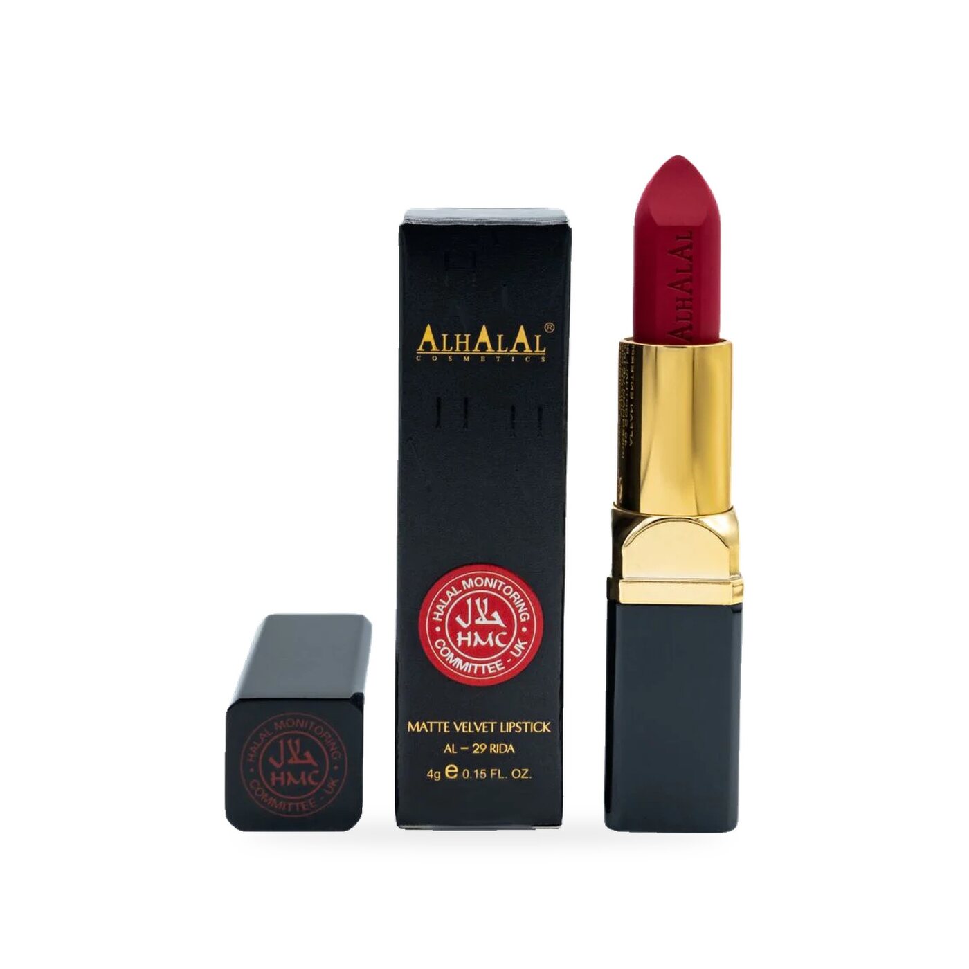 AL-29 Rida Lippenstift – Ruby Red Boom, Produktfoto mit Box