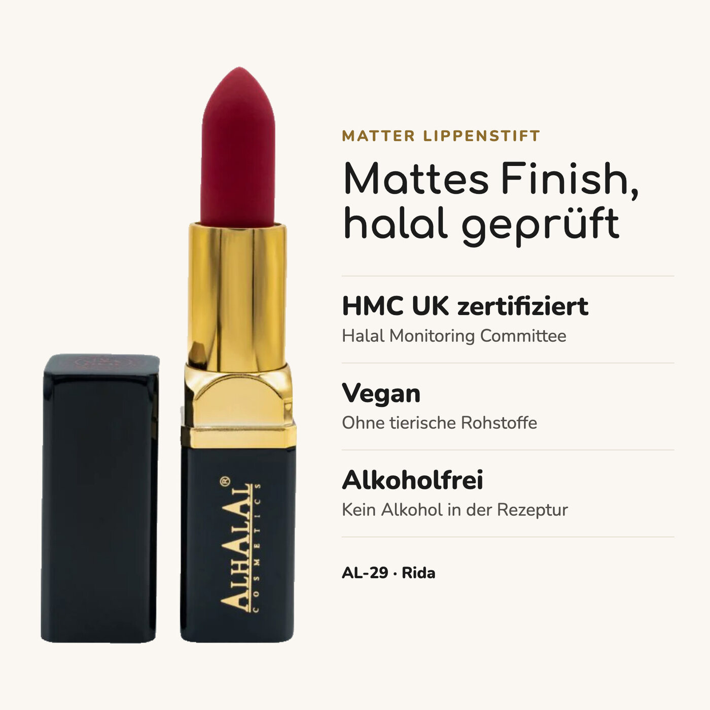 AL-29 Rida Lippenstift – Ruby Red Boom, Vorteile auf einen Blick