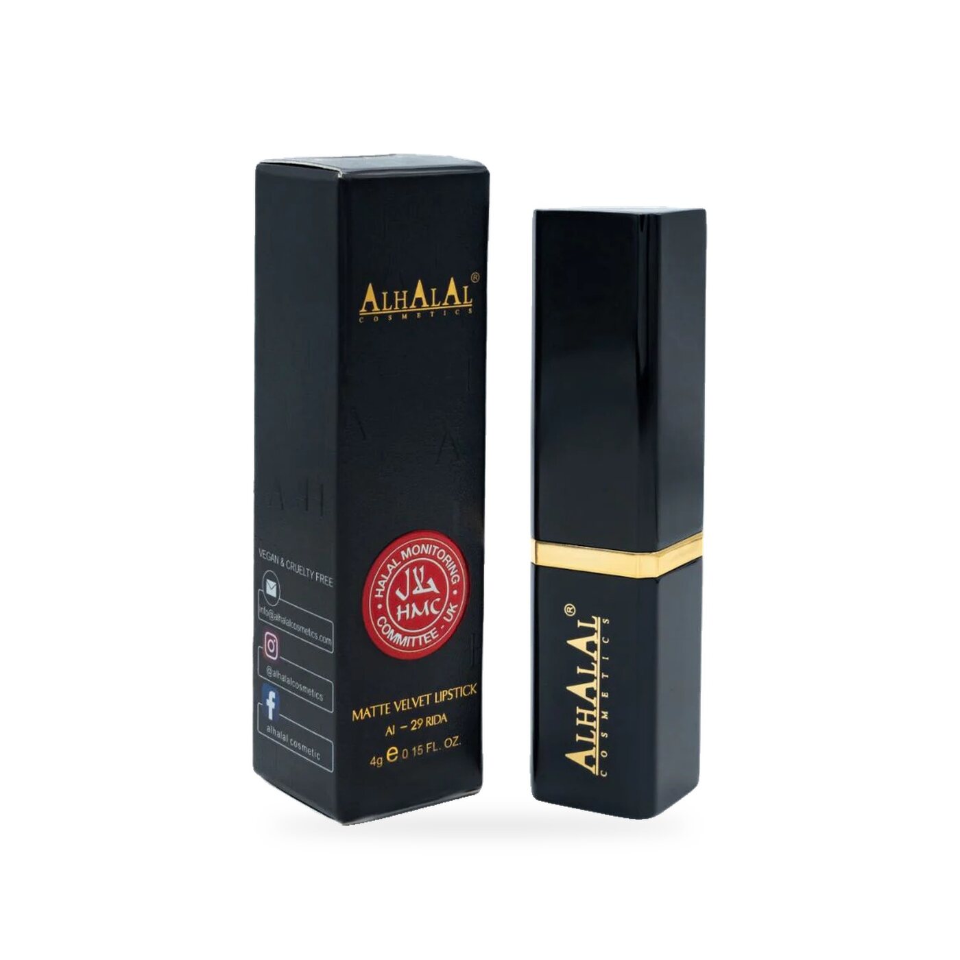 AL-29 Rida Lippenstift – Ruby Red Boom, Produktfoto Box