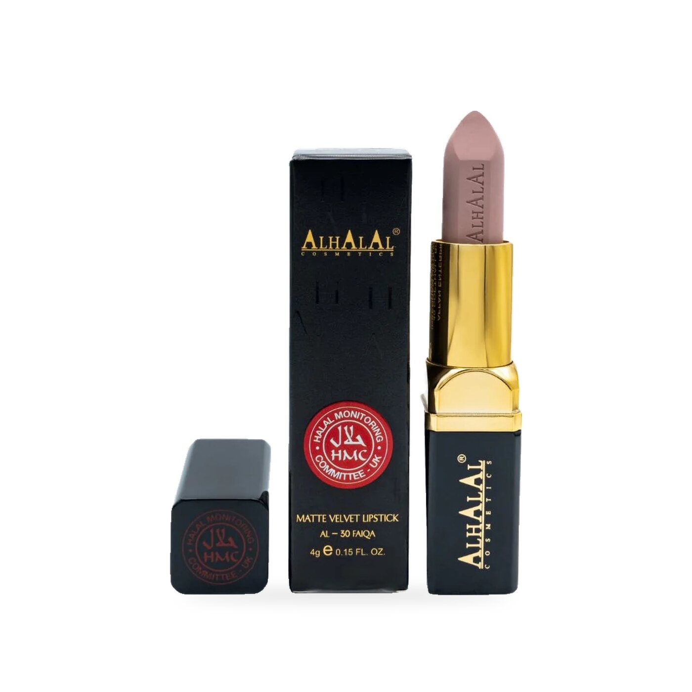 AL-30 FAIQA Halal Lippenstift Nude Beige, Produktfoto mit Box
